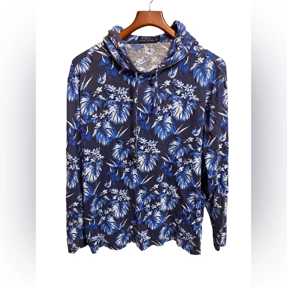 Polo Ralph Lauren Men XL Blue Tropical Floral Lightweight Hoodie Shirt